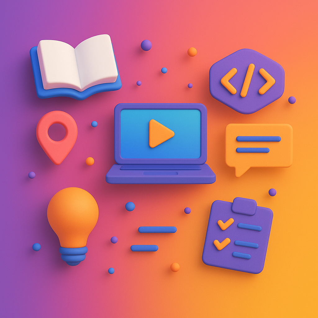 gradient icons of book, laptop, lightbulb