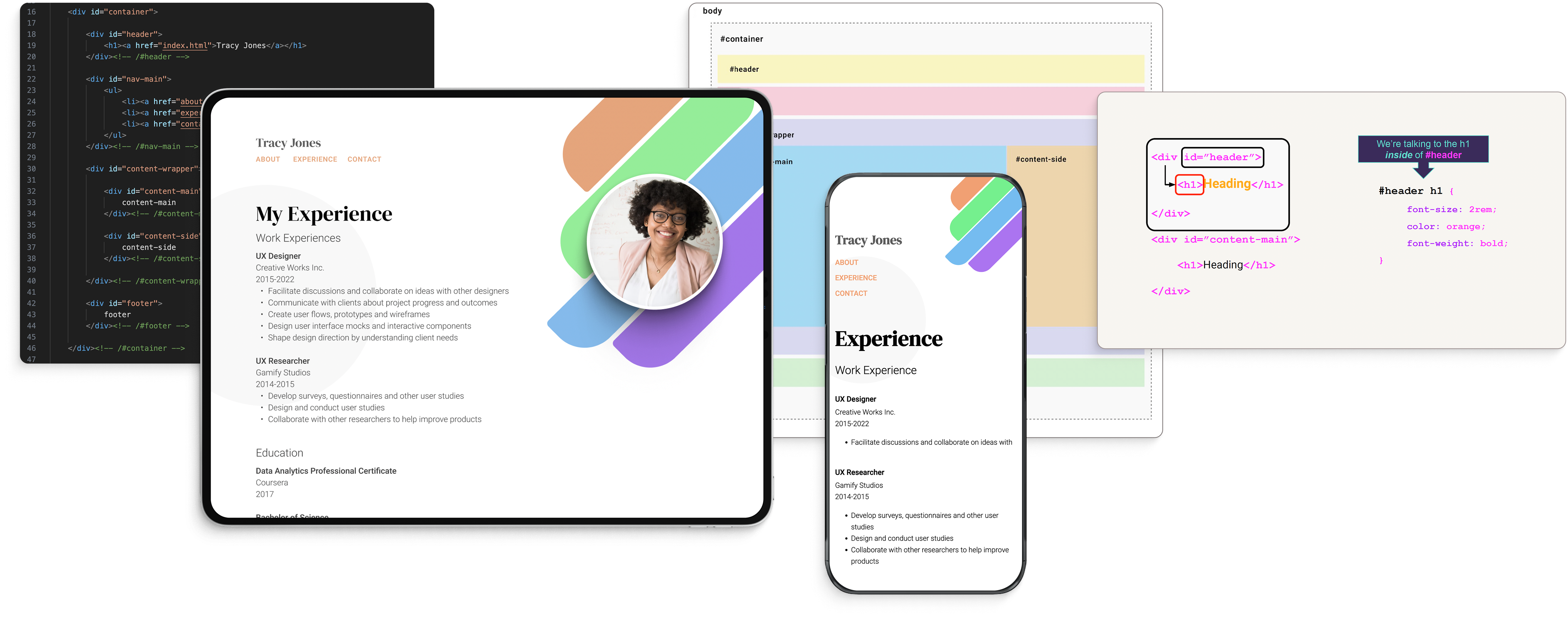 screenshots of code and website layout