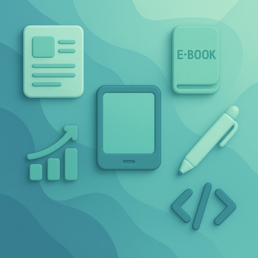 gradient colors with icons of paper, tablet and ebooks